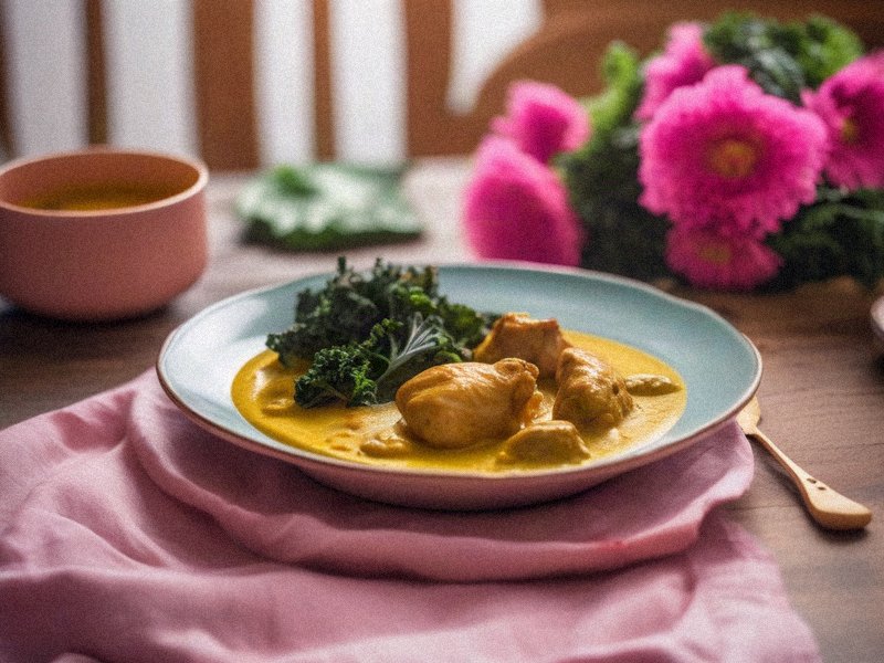 frango ao curry dourado com floretes de couve-flor cozida no vapor