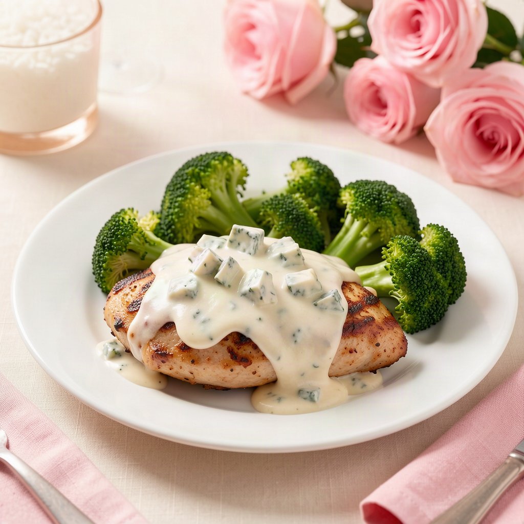 peito de frango grelhado coberto com molho cremoso de gorgonzola e brócolis no vapor