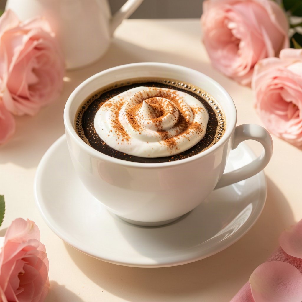 xícara de café com creme de leite e canela polvilhada por cima