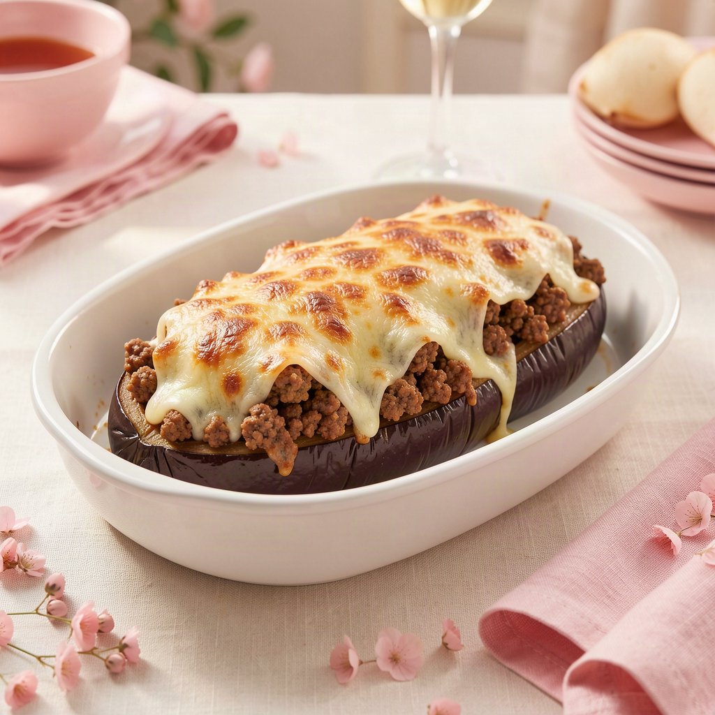 berinjela recheada com carne moída e queijo gratinado na travessa