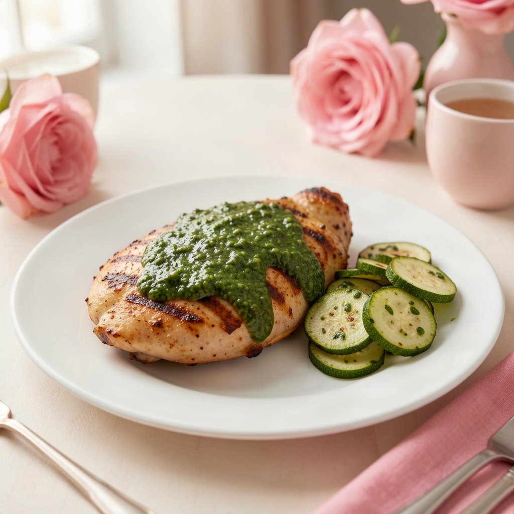 frango ao pesto com rodelas de abobrinha grelhada no prato