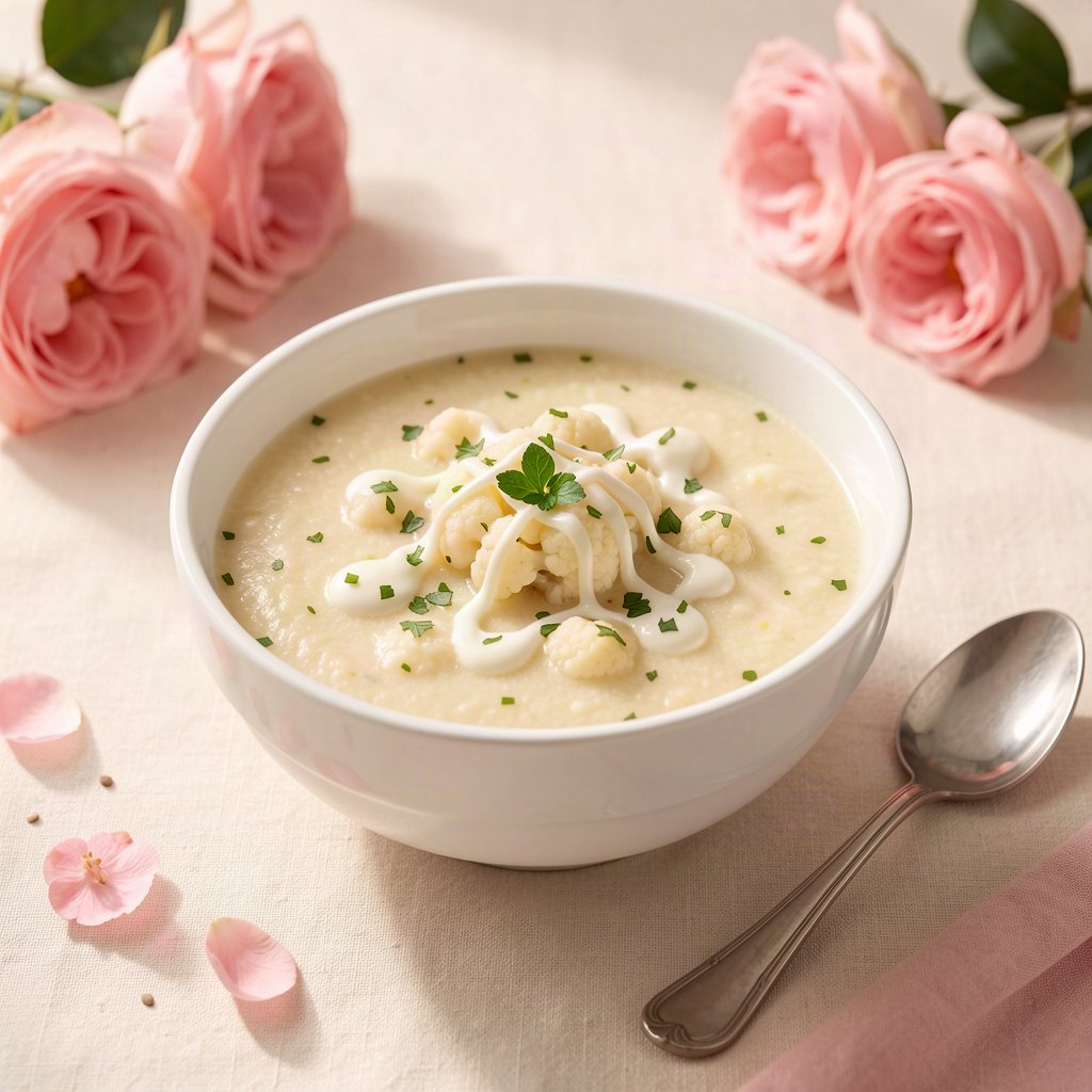 sopa cremosa de couve-flor com alho-poró servida na tigela