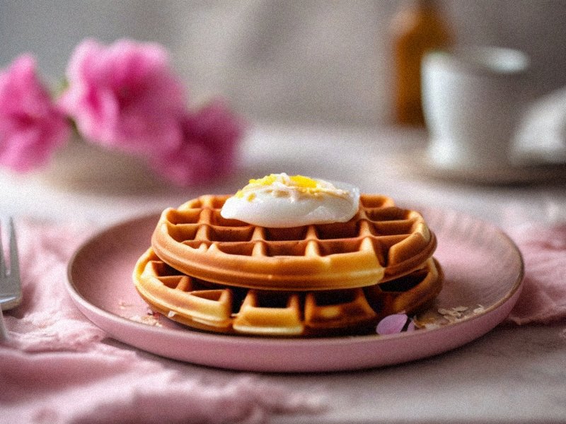 waffle de coco dourado servido com manteiga no prato