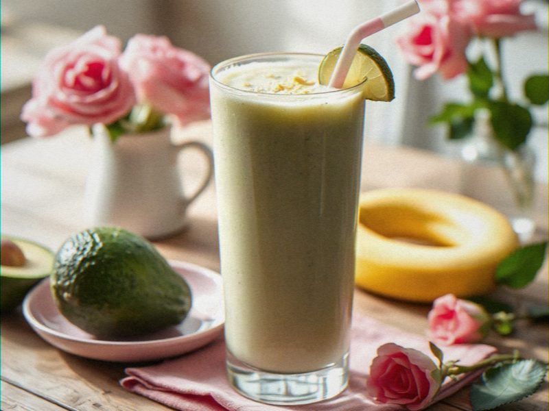 copo alto de smoothie cremoso de abacate com leite de coco e raspas de limão