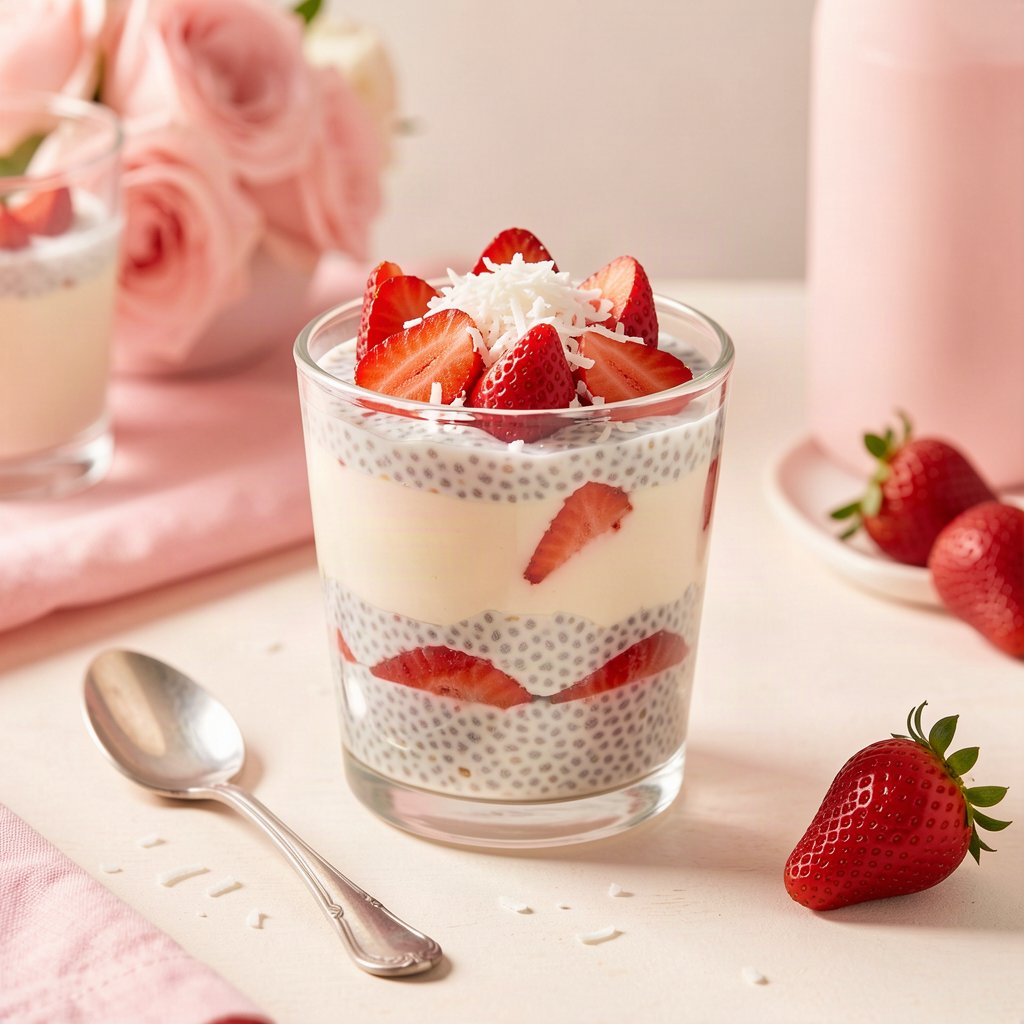 pudim de chia cremoso com morangos picados e coco ralado