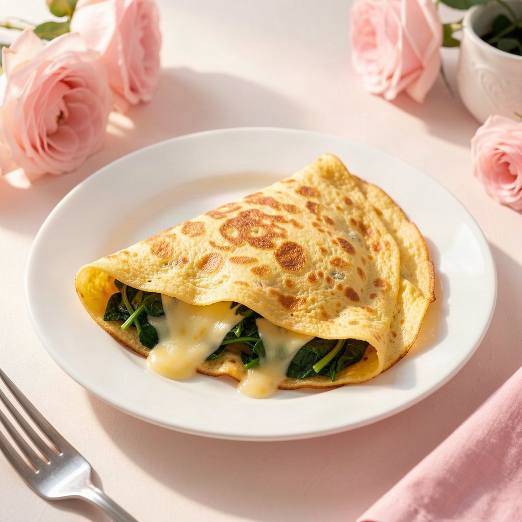 omelete de queijo com espinafre dobrada ao meio no prato