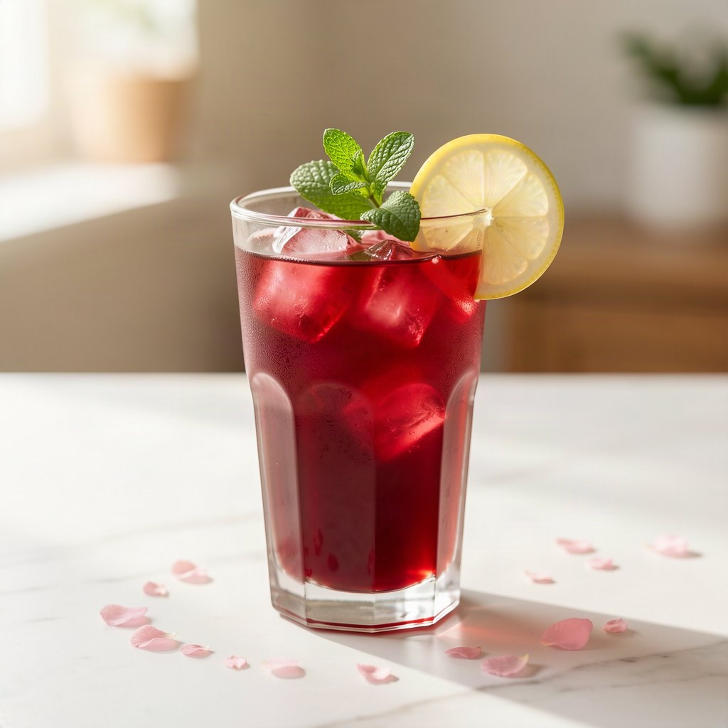copo alto com chá de hibisco gelado avermelhado, rodela de limão na borda e folhas de hortelã, sobre mesa clara com detalhes rosa