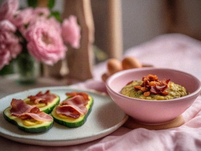 bolinhos de ovo assados em forminhas com bacon e legumes picados, dourados por fora, servidos em prato branco sobre mesa clara com detalhes rosa