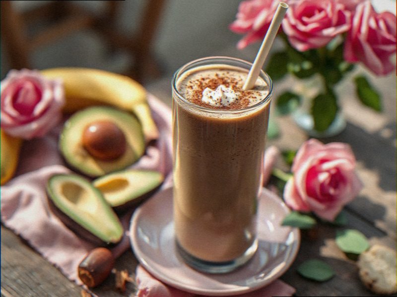 copo alto de vitamina cremosa de abacate com cacau e canela por cima