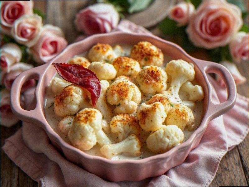 couve-flor gratinada com creme de leite e queijo dourado numa assadeira