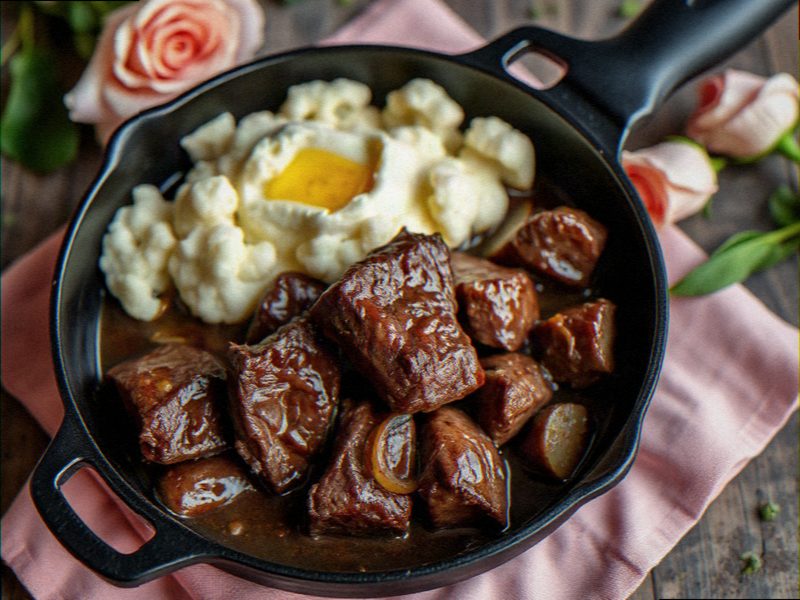 tiras de bife ao molho escuro numa panela e purê de couve-flor cremoso ao lado