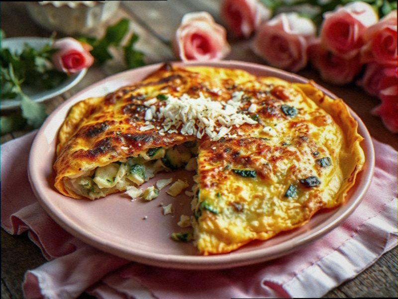 omelete de forno dourada com abobrinha e cebola, cortada em fatias