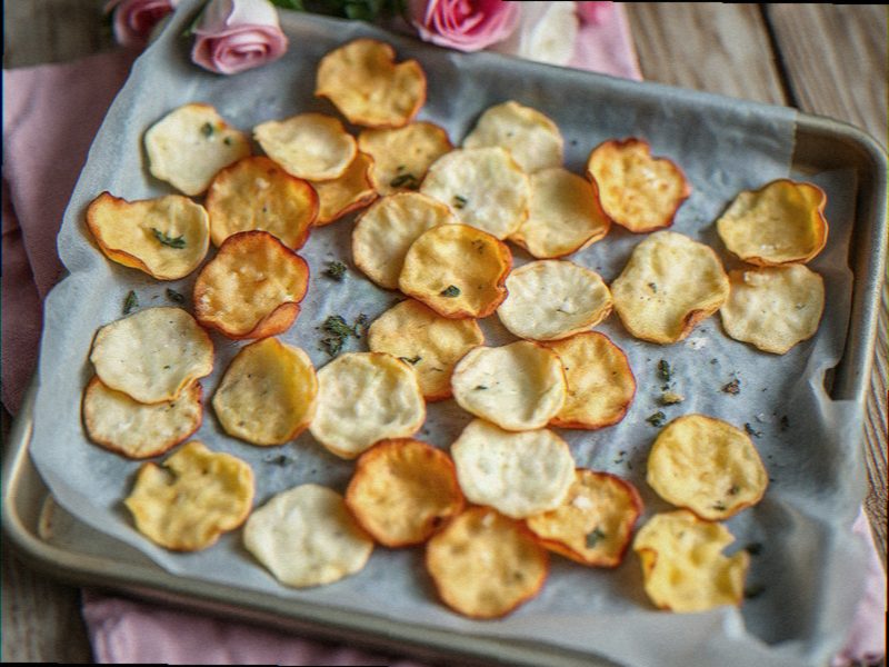 chips de queijo dourados e crocantes sobre papel manteiga numa assadeira