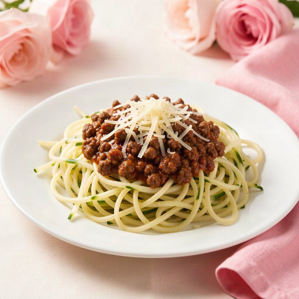 fios de abobrinha ao al dente cobertos com molho bolonhesa e parmesão