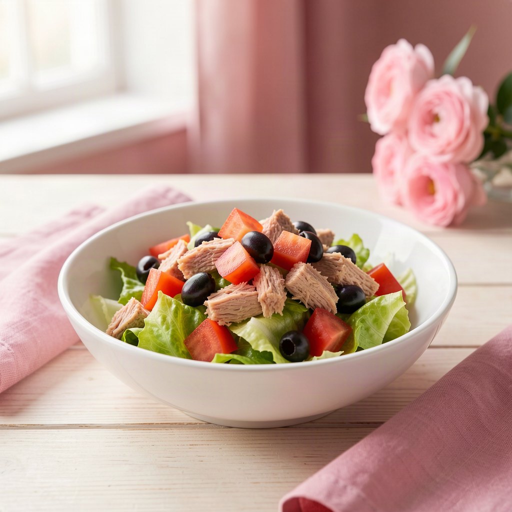 salada de atum com alface, tomate e azeitonas pretas em tigela branca sobre mesa clara com detalhes rosa, luz natural suave