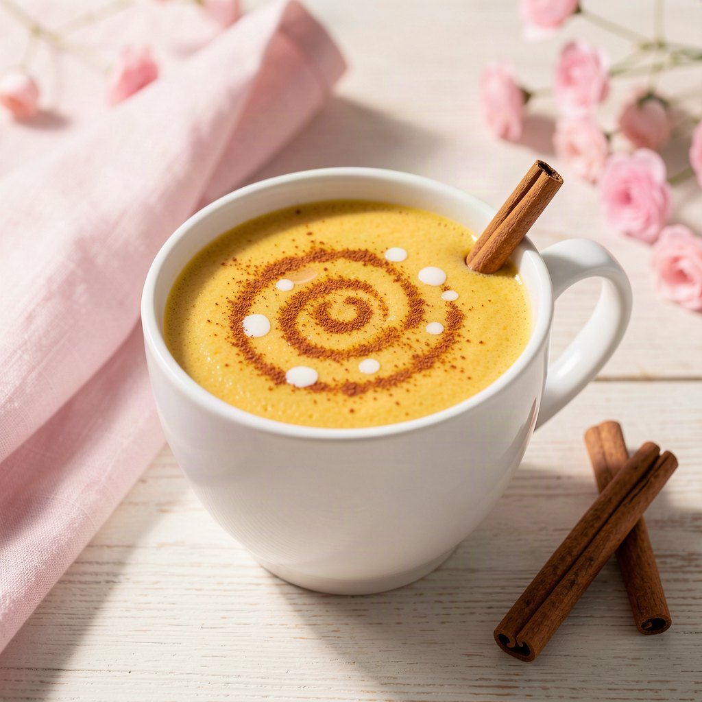 caneca branca com leite dourado de cúrcuma, canela polvilhada por cima e pau de canela ao lado, sobre mesa clara com detalhes rosa