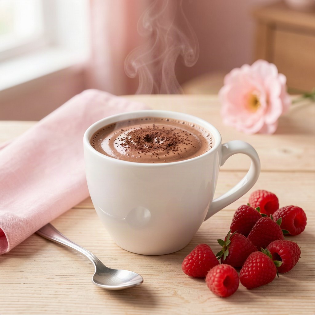 caneca branca de chocolate quente cremoso com cacau polvilhado por cima, ao lado de uma colher de prata e algumas frutas vermelhas frescas, sobre mesa clara com detalhes rosa