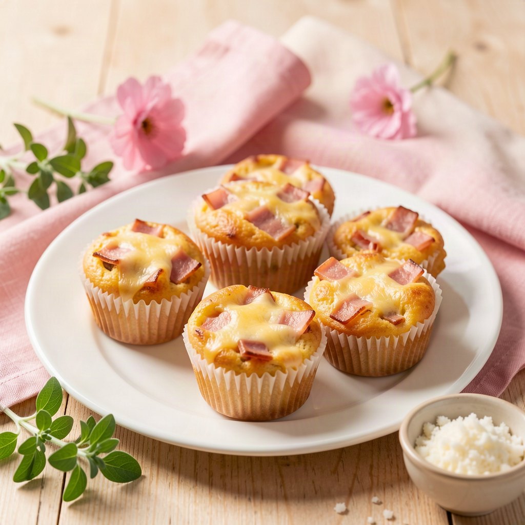 cupcakes salgados dourados de presunto e queijo em forminhas de papel brancas, sobre prato branco em mesa clara com detalhes rosa, ao lado de folhas de orégano fresco, luz natural suave, sem pão, sem massa de trigo, sem arroz, sem açúcar