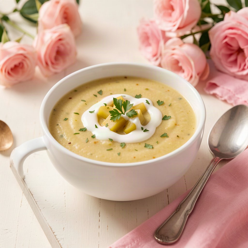 sopa cremosa de abobrinha em tigela com fio de creme de leite e ervas frescas