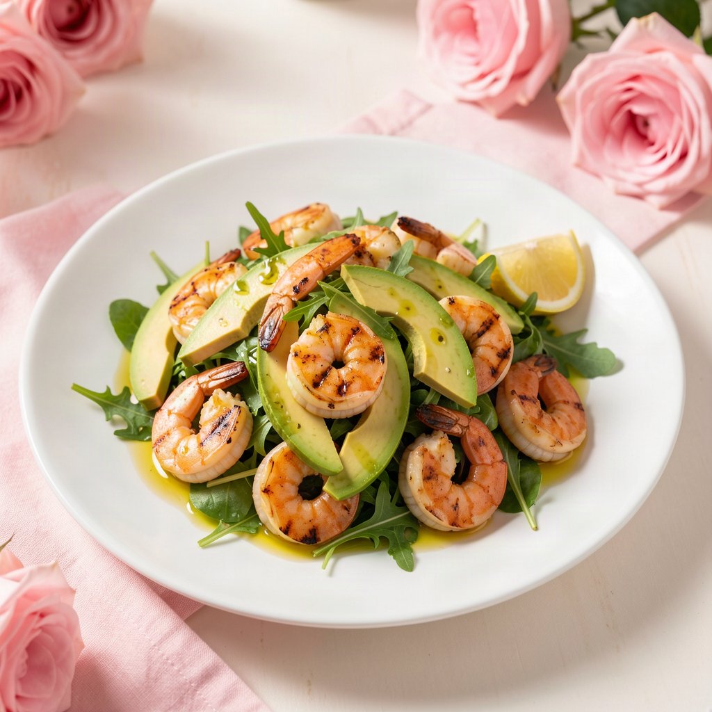 salada de folhas verdes com abacate fatiado e camarões grelhados na manteiga